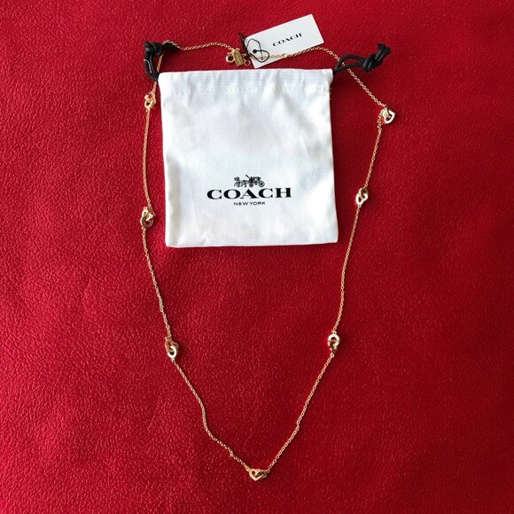 COACH HEART  SIGNATURE LONG STATION NECKLACE IN GOLD TONE 34" and Storag Bag - Picture 2 of 13